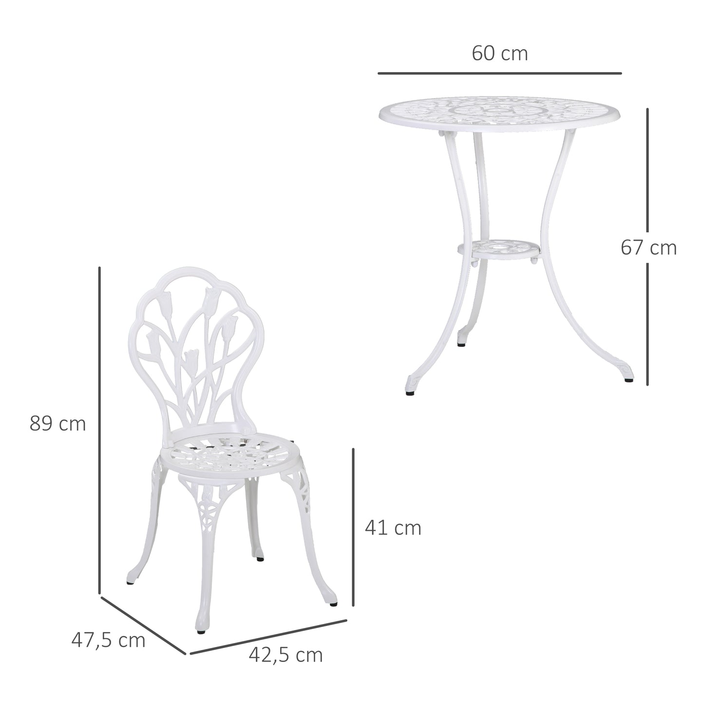 Outsunny 2-persoons eethoek, tuinset met 1 tafel en 2 stoelen met parasolgat, aluminium, wit