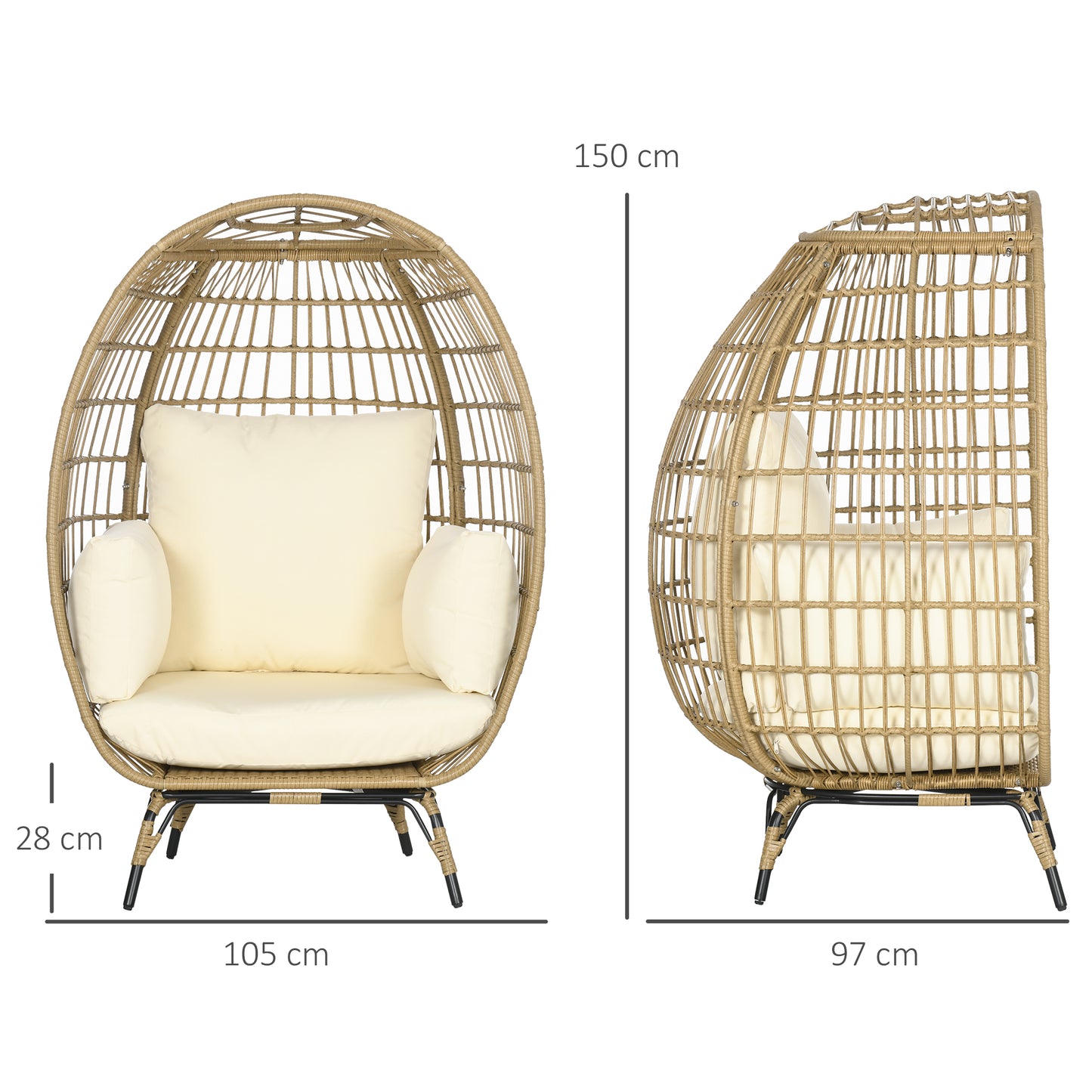 Outsunny rieten stoel in rotanlook, zachte zitkussens, aluminium frame, khaki+beige, 105 x 90 x 148 cm