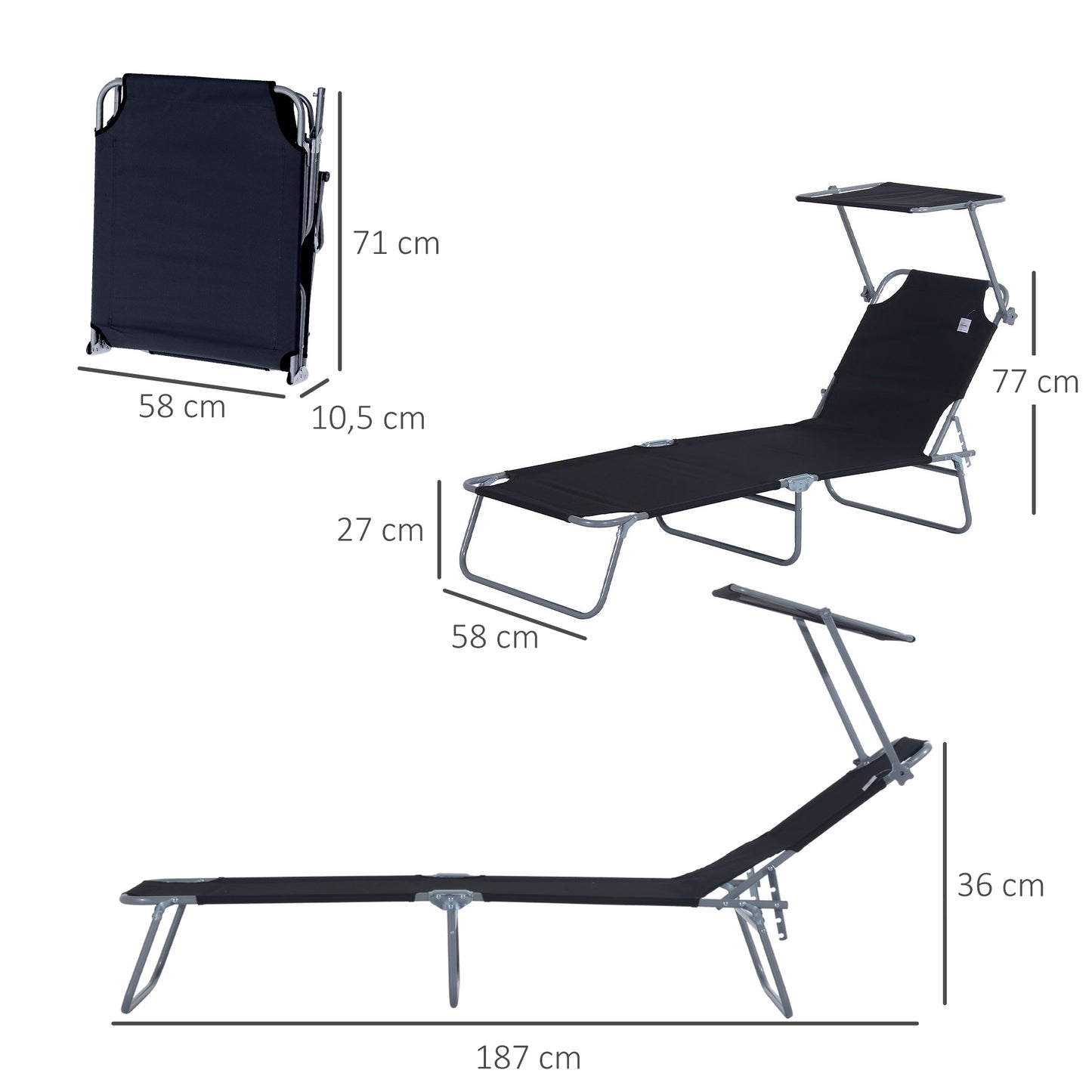 Outsunny Opvouwbare ligstoel, tuinligstoel met zonnescherm, ligstoel met in 4 standen verstelbare rugleuning, kampeerligstoel, belastbaar tot 120 kg, geschikt voor tuin, balkon en zwembad, 6 kleuren (zwart)