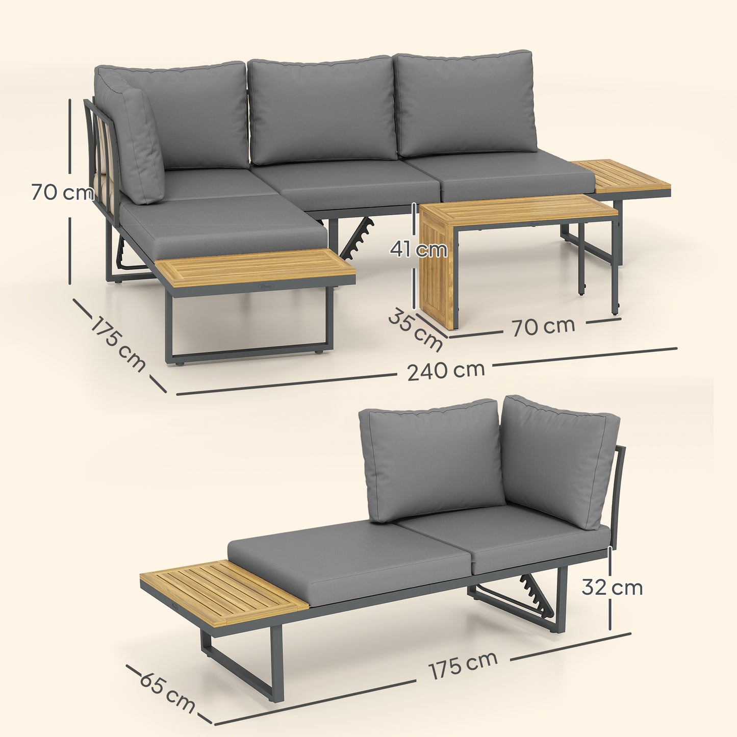 Outsunny tuinmeubelset, uitbreidbaar tot 6 zitplaatsen, L-vormige buitenzithoek met tafels, stalen frame, verstelbare rugleuningen, grijs