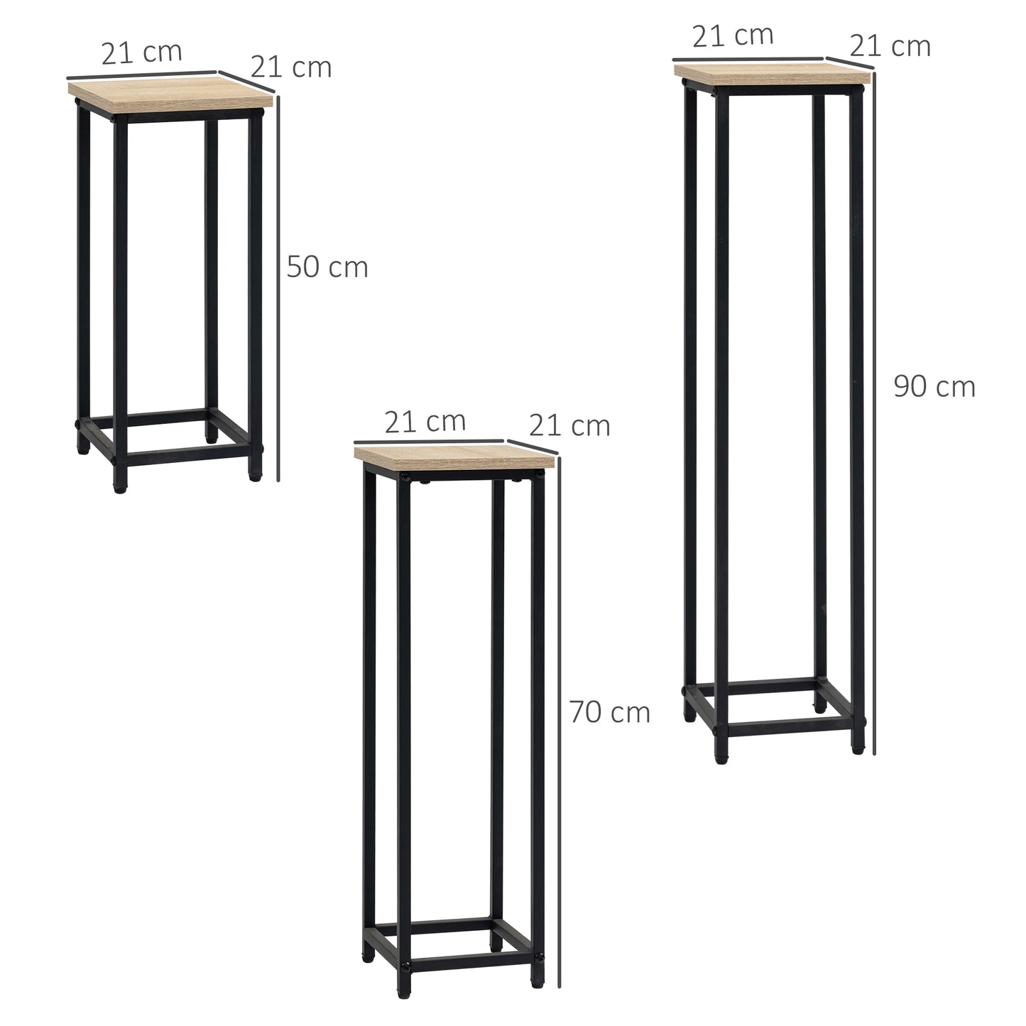 Outsunny 3-delige set stapelbare, ruimtebesparende plantenstandaards, 21 cm x 21 cm x 50/70/90 cm, staal, bruin + zwart