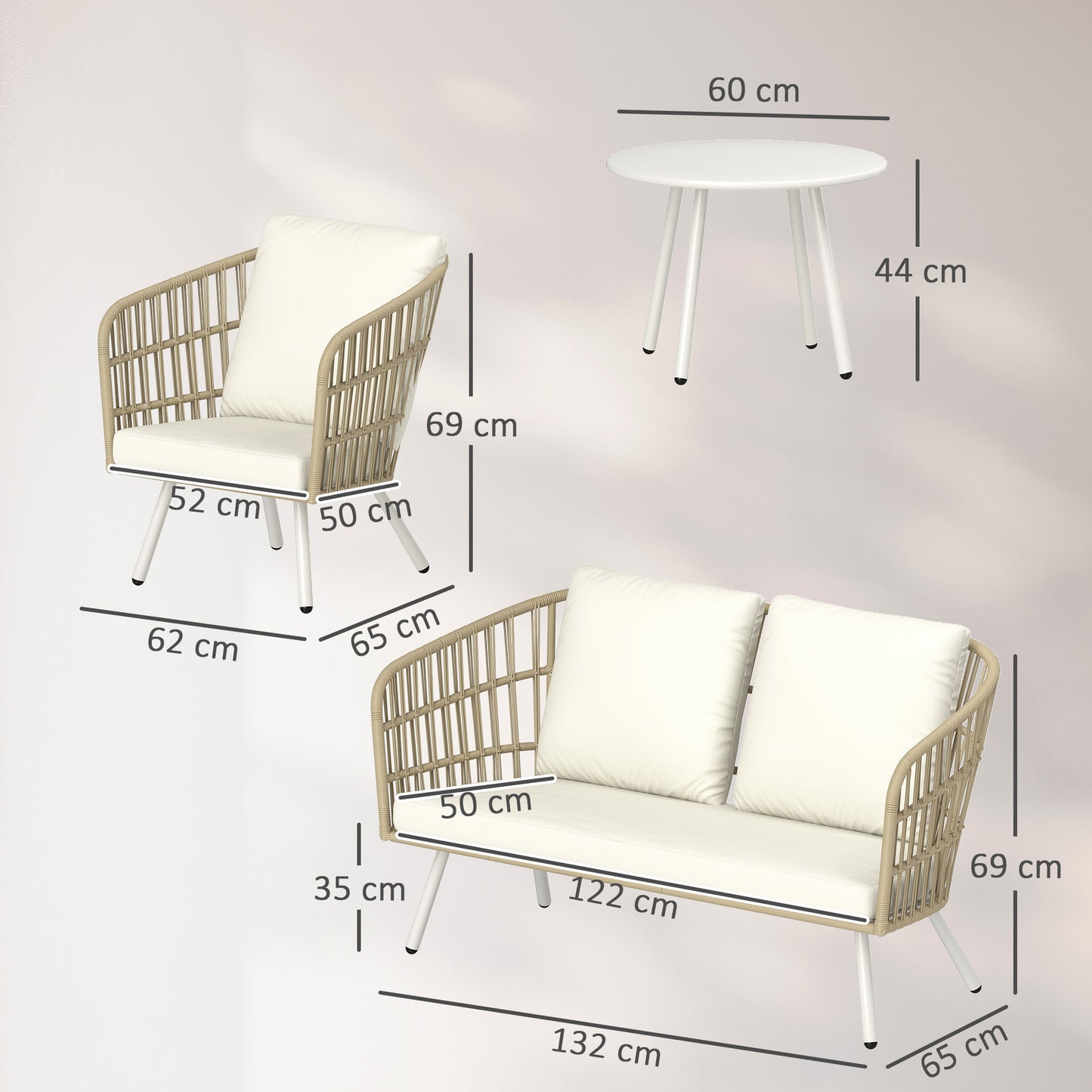 Outsunny tuinmeubelset van polyrotan loungeset met 2-zitsbank, fauteuil, tafel, kussens, weerbestendig voor 4 personen, khaki