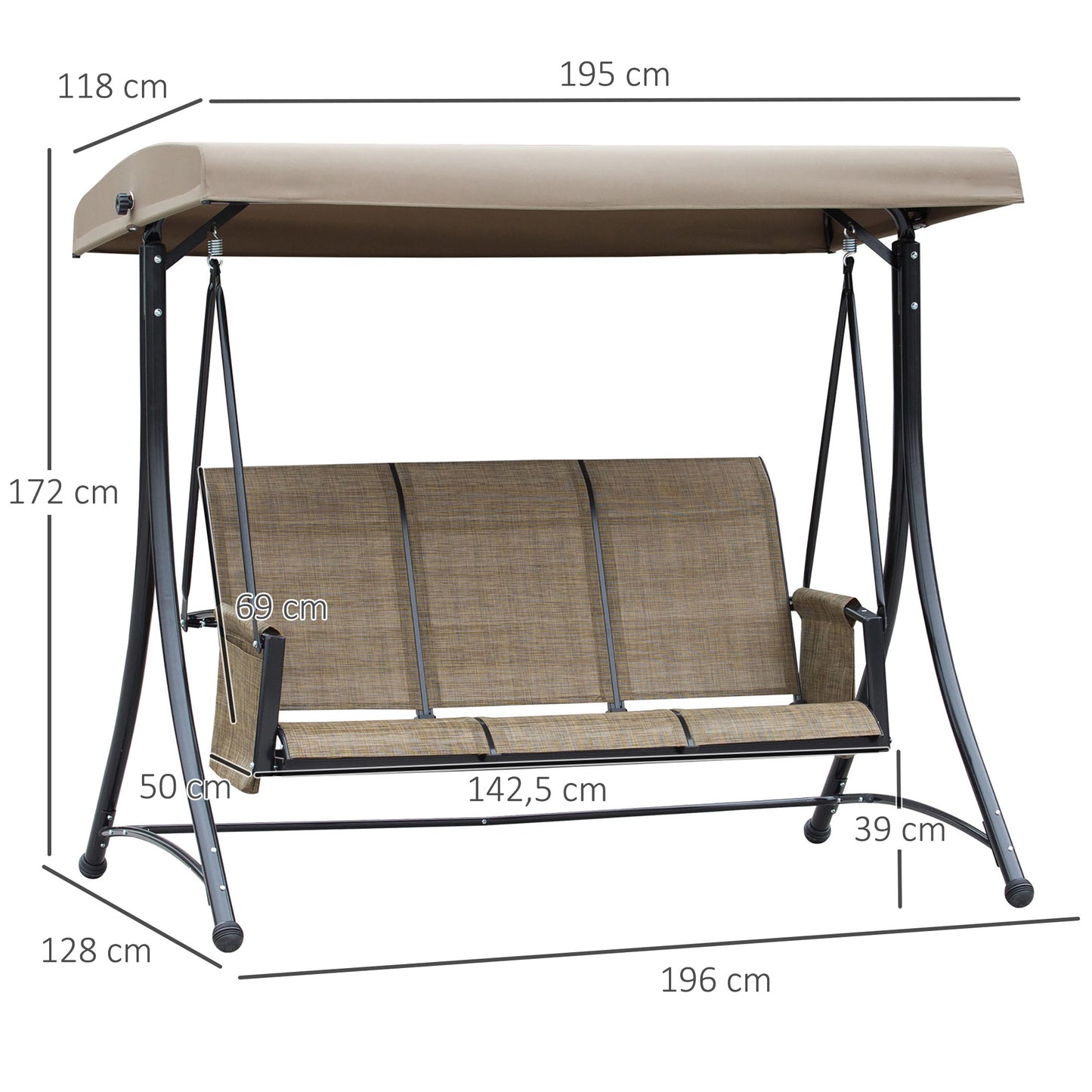 Outsunny 3-zits Hollywood schommel, tuinschommel met parasol, schommelbank met opbergruimte, aluminium, 196 x 128 x 172 cm, bruin
