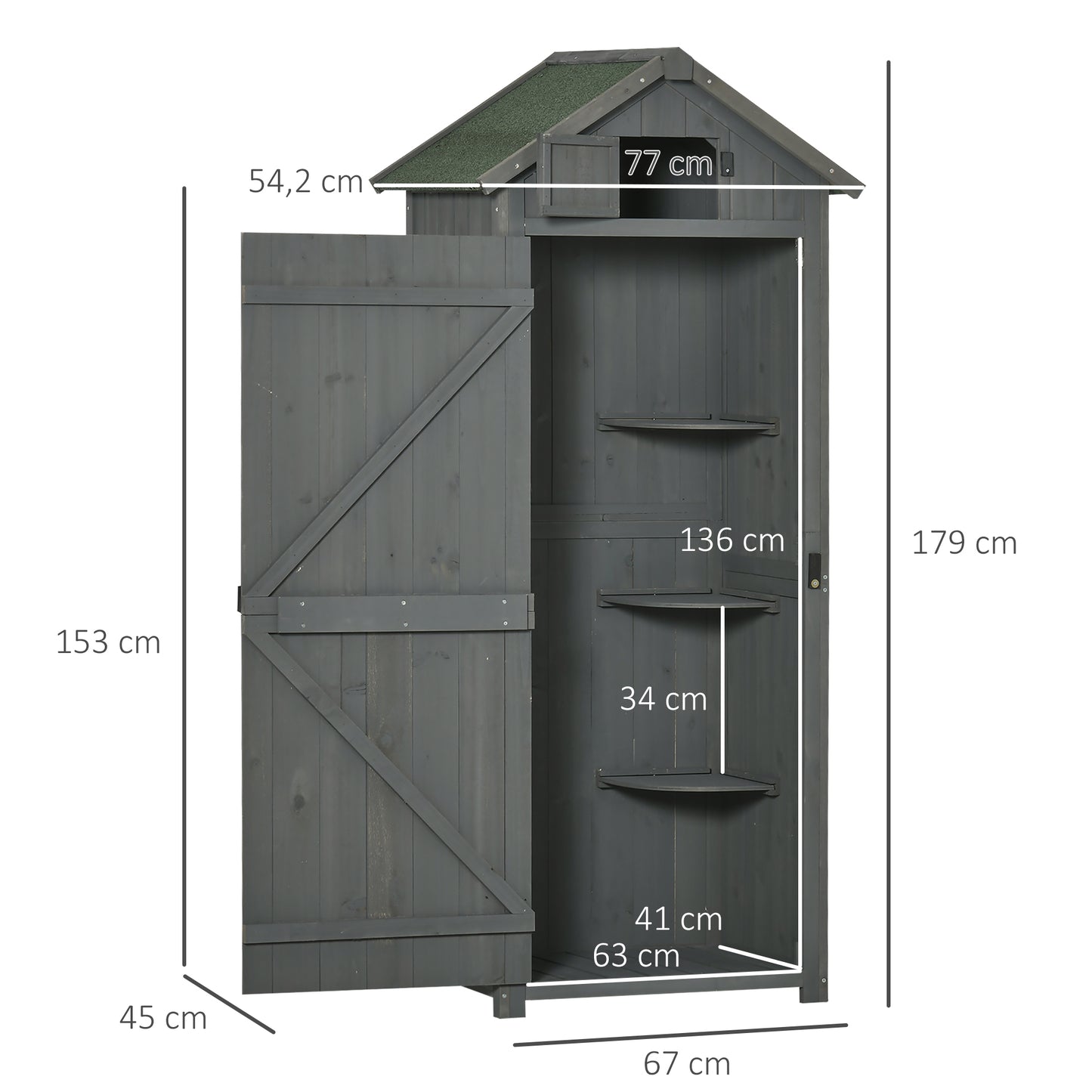 Outsunny houten tuinhuis, weerbestendige gereedschapsschuur 77x54,2x179cm, tuinhuis met deur, zadeldak, gereedschapskast met planken, tuinschuur voor tuin, terras, grijs + groen