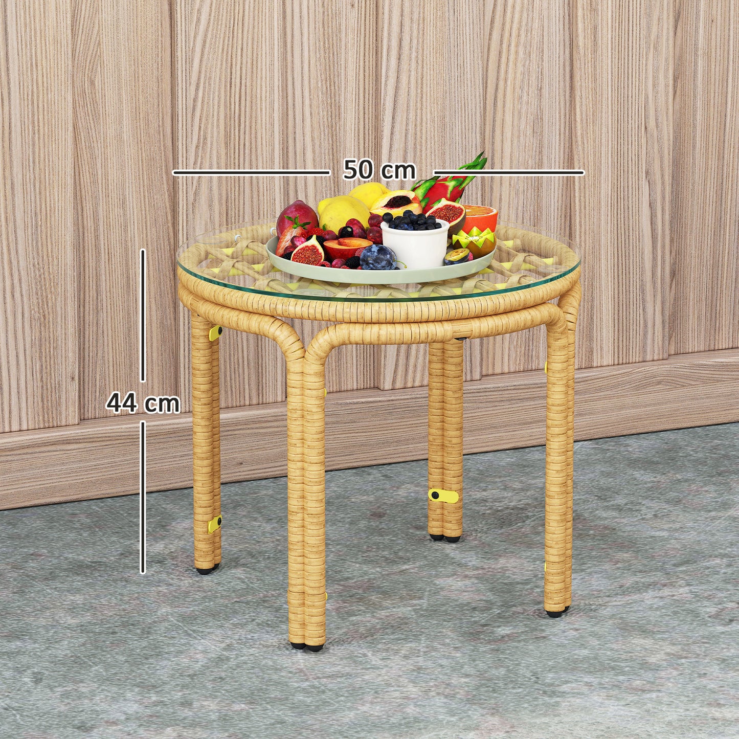 Outsunny polyrattan bijzettafel, ronde salontafel met glazen blad, nachtkastje Ø50 cm, geel