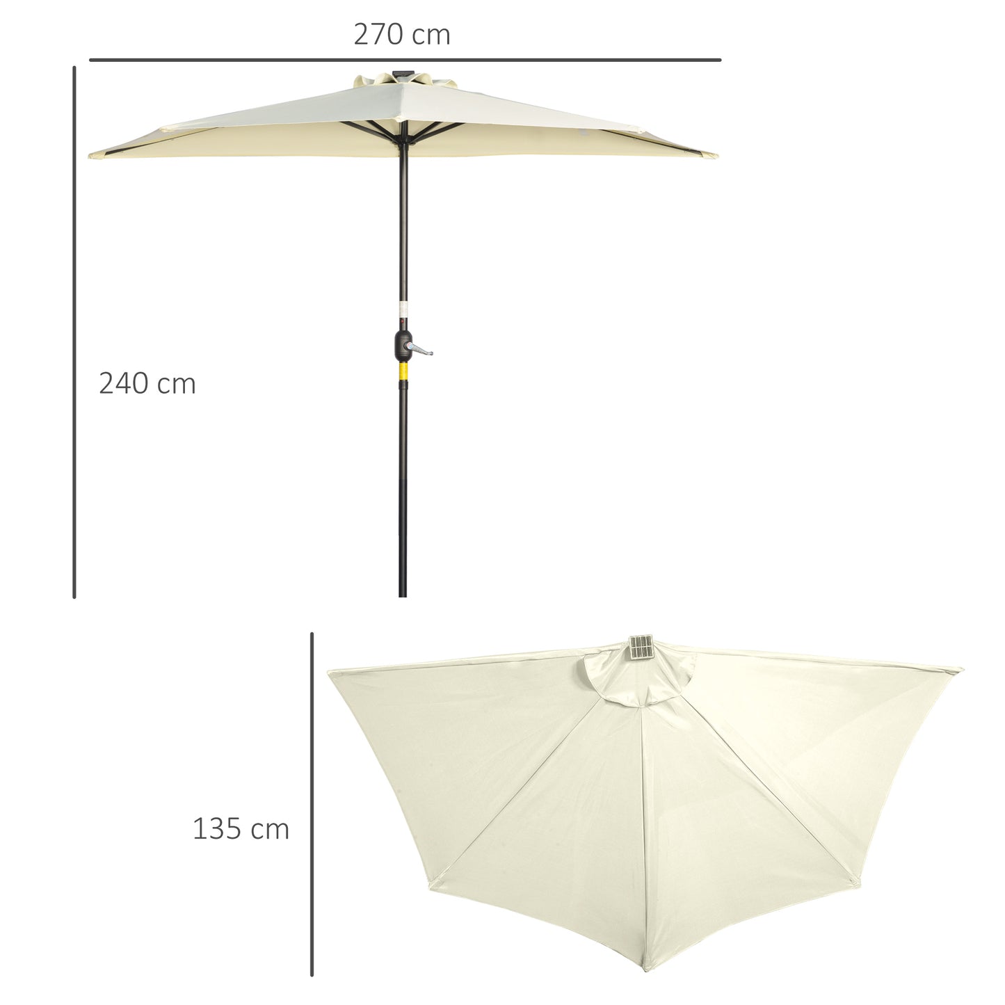 Outsunny parasol, terrasparasol, halfrond, met zonnepaneel, 20 LED's, handzwengel, beige, 2,70 x 1,35 x 2,40 m