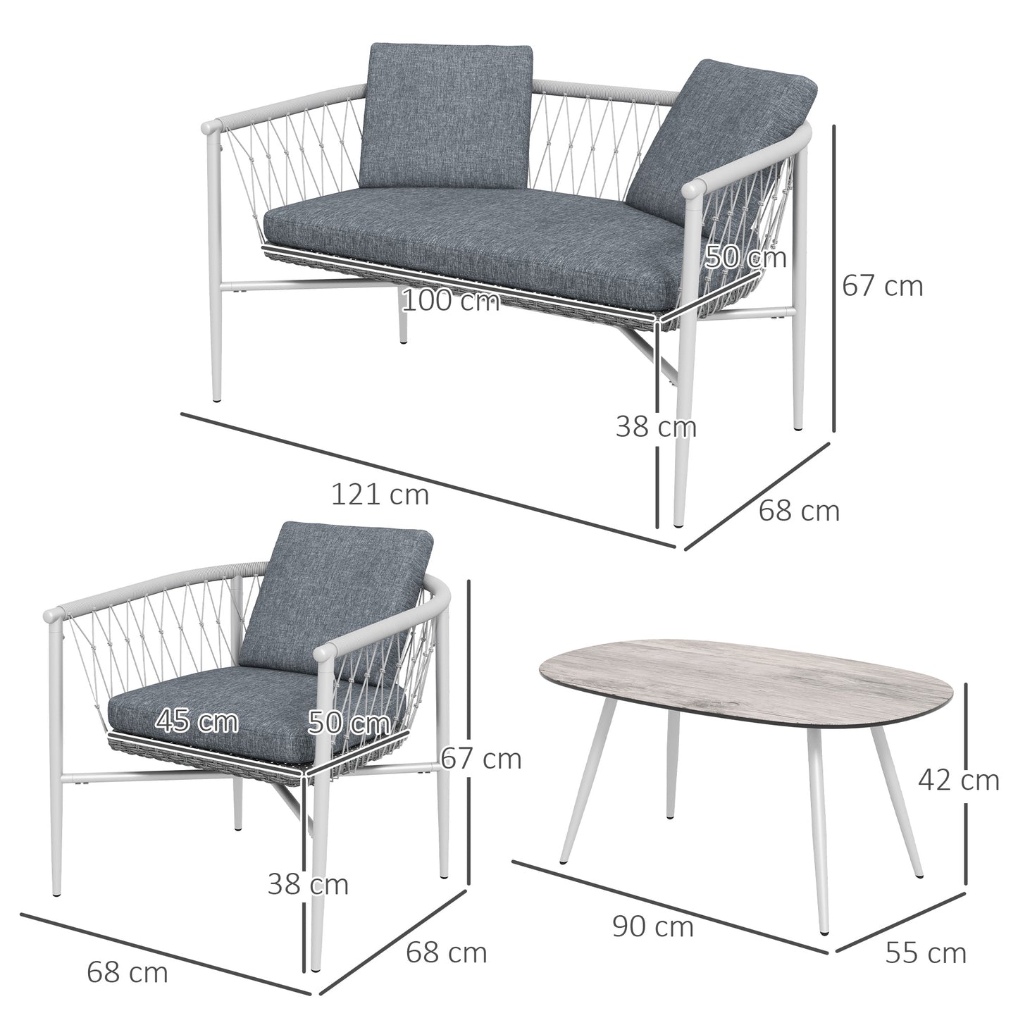 Outsunny tuinmeubelset, 4-delig, schommelfunctie, zitkussens, polyrotan, metalen frame, grijs