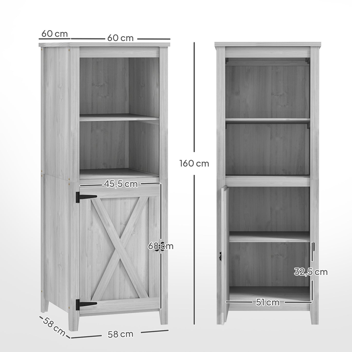 Outsunny tuinhuis met schuurdeur, verstelbare planken, slank design, dennenhout, lichtgrijs
