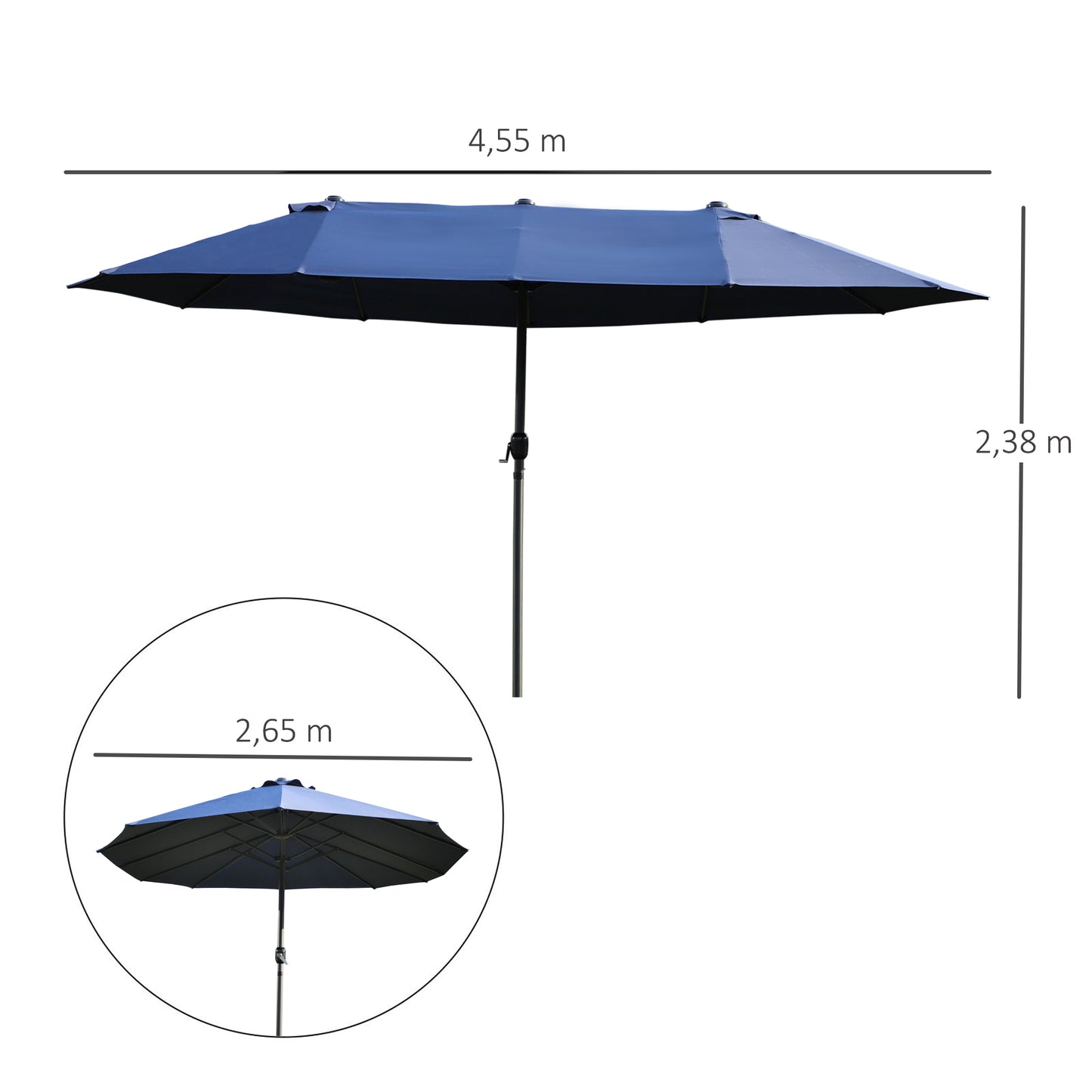Outsunny Dubbele Parasol 455 x 270 cm Tuinparasol met Handzwengel, Ovaal, Stevig, Metalen Paal, Marktparasol, Dubbele Parasol, Terrasparasol, Zonwering voor Strand, Balkon, Terras, Tuin, Blauw