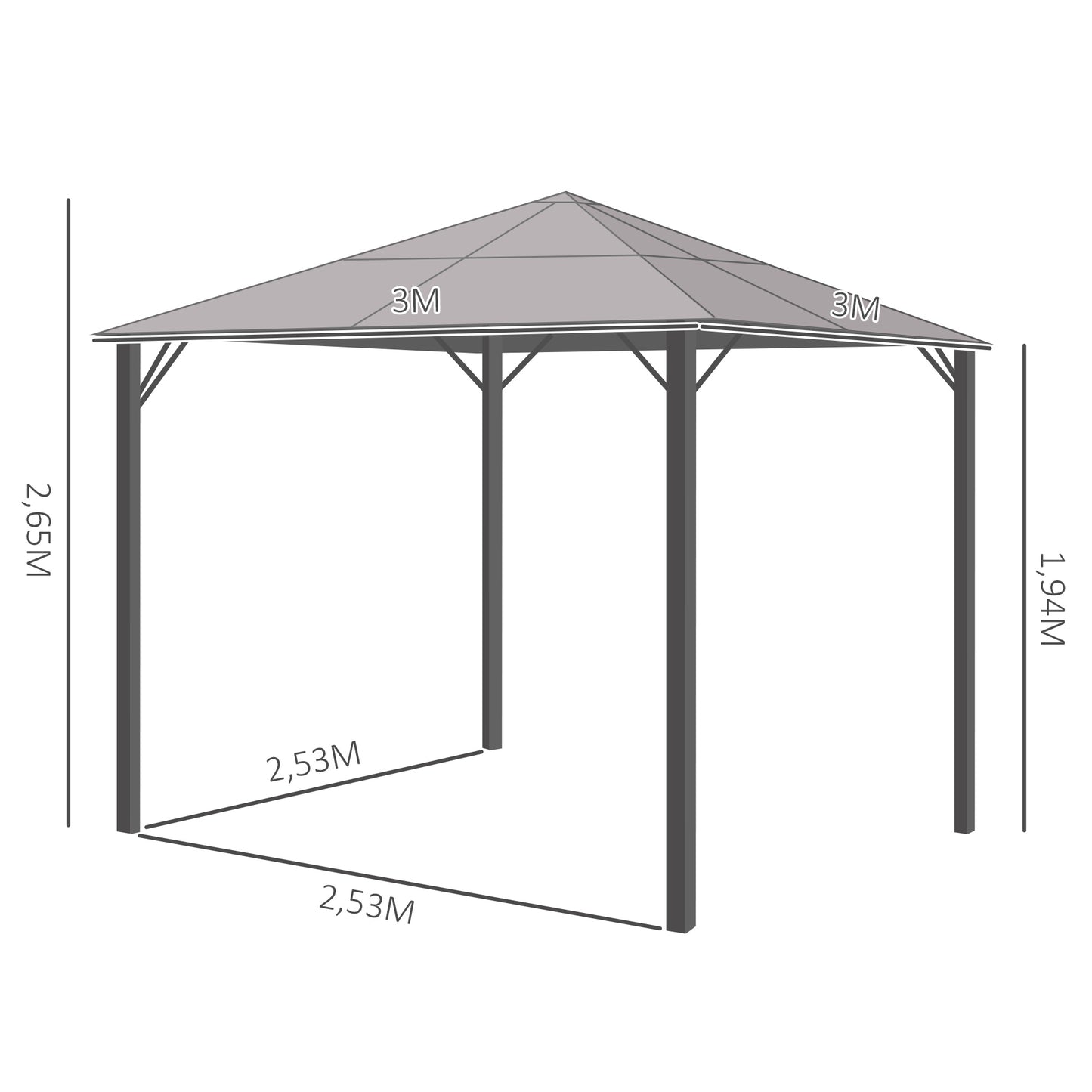 Outsunny paviljoen met polycarbonaat dak, gordijnen met klamboe, aluminium frame, donkergrijs, 3 x 3 m