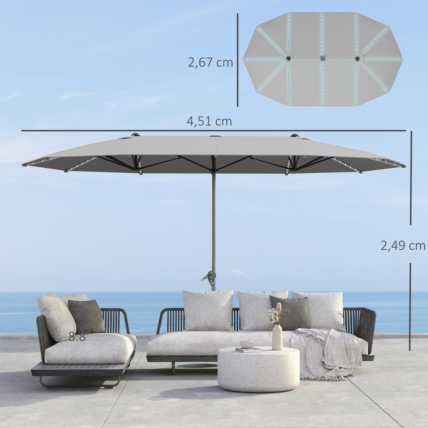 Outsunny Dubbele Parasol met Solarverlichting, Aluminium, Polyester, UPF50+ Bescherming, UV-bestendig, Patio Parasol, Donkergrijs