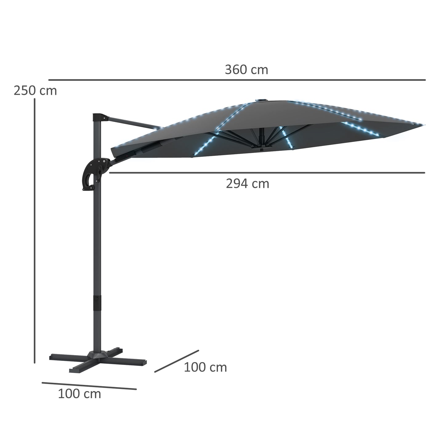 Outsunny Aluminium Cantilever Parasol LED Solar Ø300 cm Hoogte Verstelbare Zonnekap met Zwengelstandaard UV50+ Donkergrijs