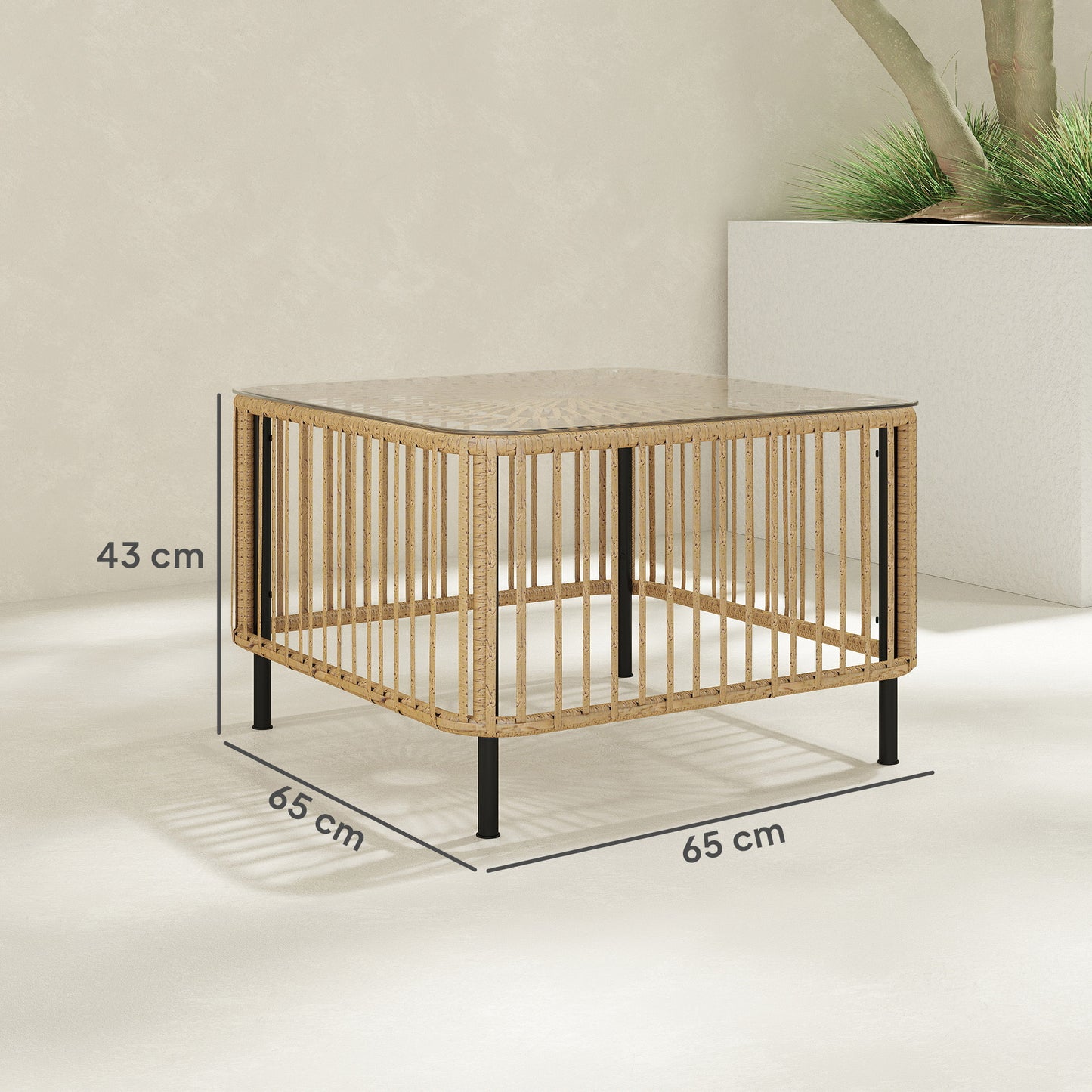 Outsunny polyrotan tuintafel, 65 x 65 x 43 cm, weerbestendige bijzettafel, vierkant met glazen blad, natuurlijk hout