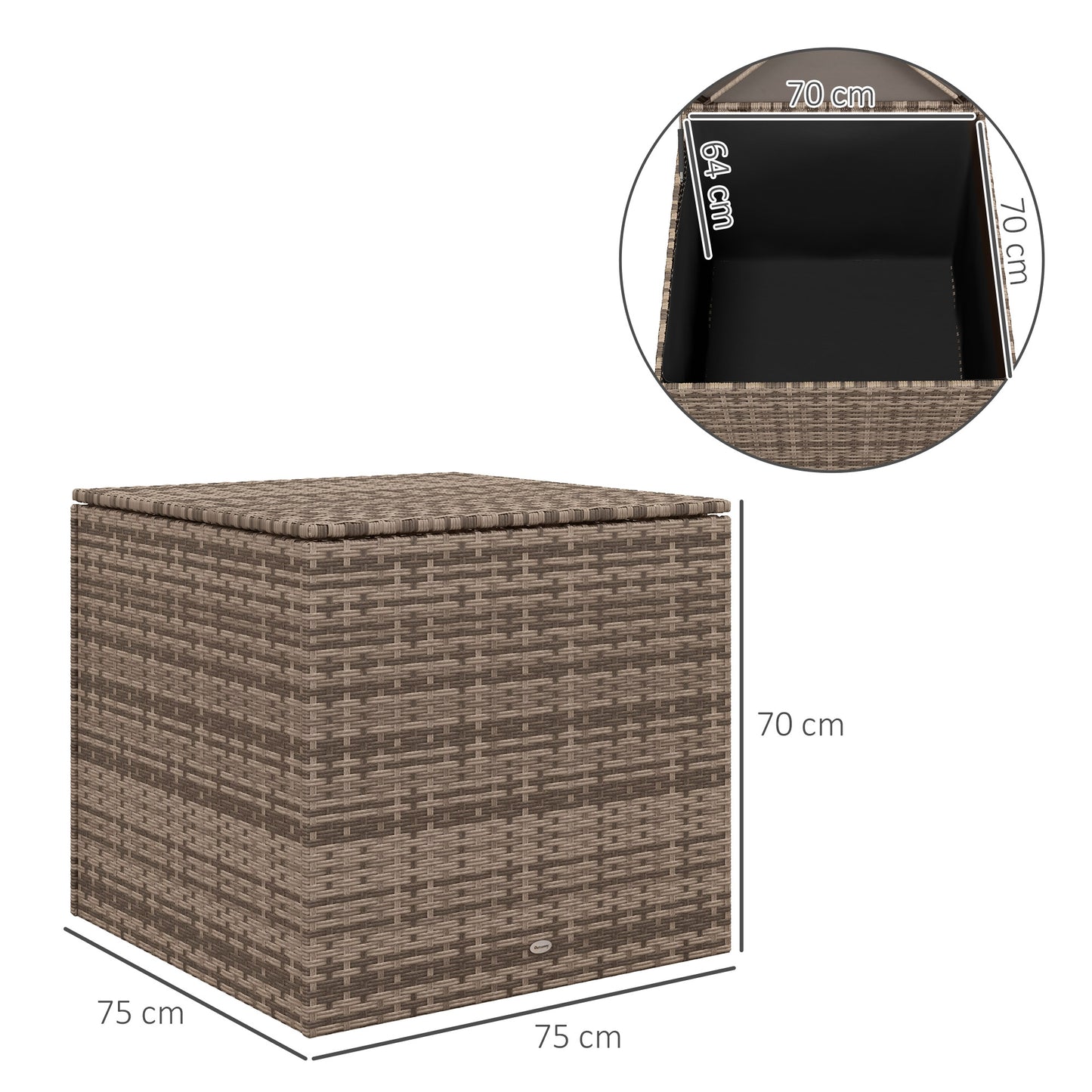 Outsunny polyrattan opbergbox, stoffen voering, eenvoudig te openen/sluiten, metalen frame, 75B x 75D x 70H cm, zwart