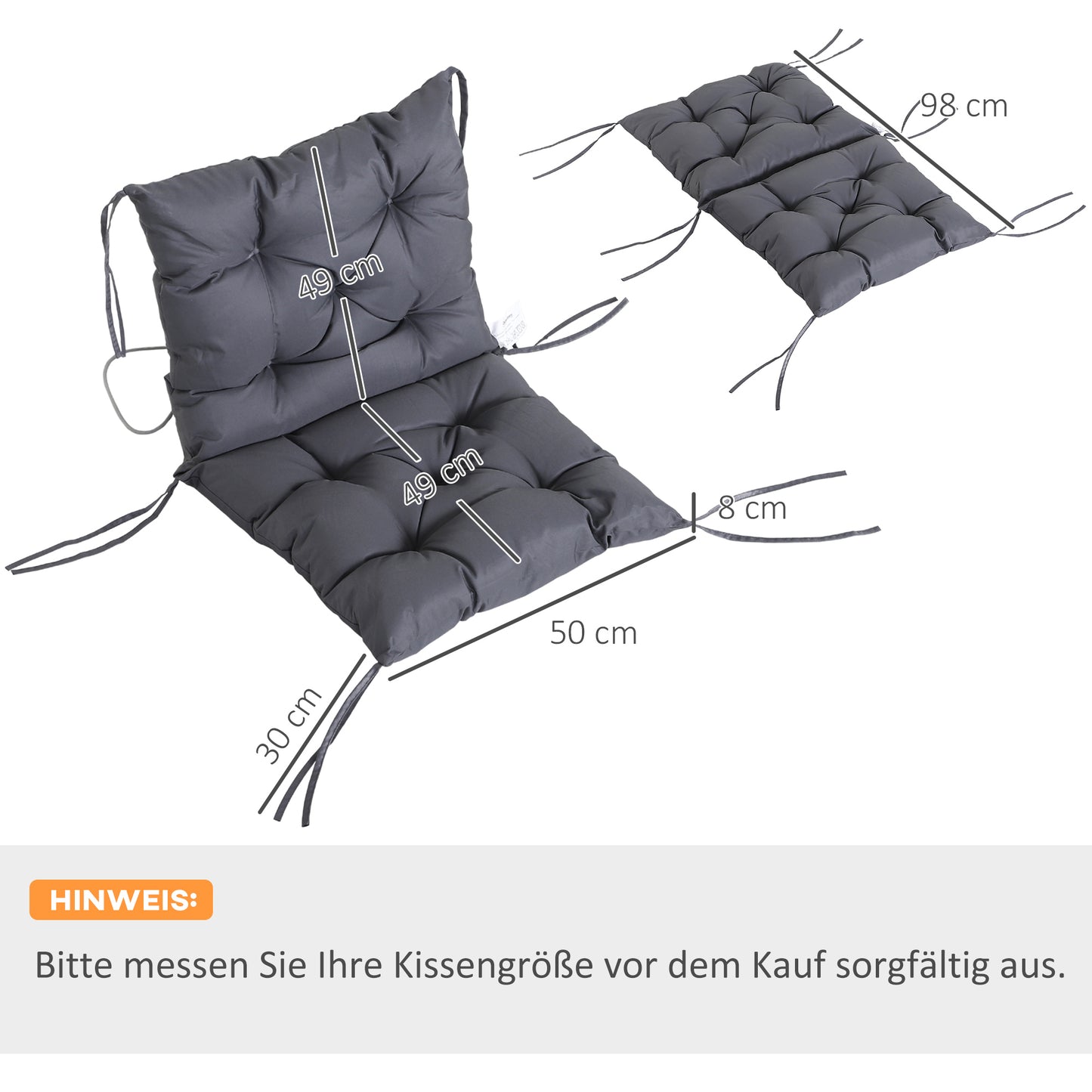 Outsunny 2-pack zitkussens, 98cm x 50cm x 8cm stoelkussens met strikken, gewatteerde kussens, wasbaar/Ergonomische zitkussens voor huis, tuin, bank, grijs