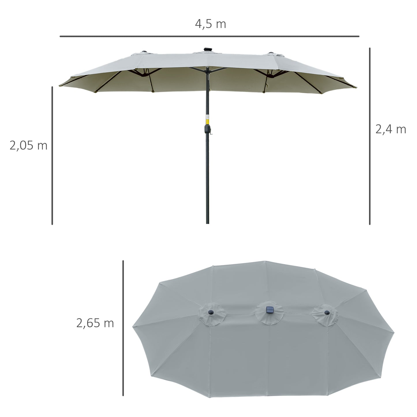 Outsunny Parasol met LED Solar 4,5m Dubbele Parasol Tuinparasol Marktparasol Patioparasol Ovaal Lichtgrijs+Zwart