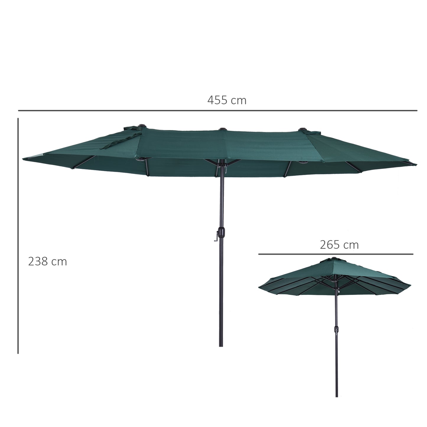 Outsunny Parasol Tuinparasol Marktparasol Dubbele parasol Patioparasol met handzwengel Donkergroen Ovaal 460 x 270 x 240 cm