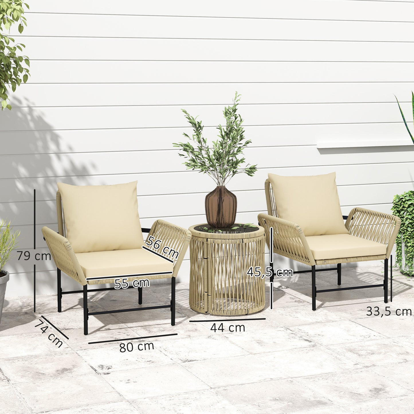 Outsunny polyrattan tuinmeubelset, tuinbalkonmeubel voor 2 personen, 3-delige set met 2 stoelen, bijzettafel en zitkussens