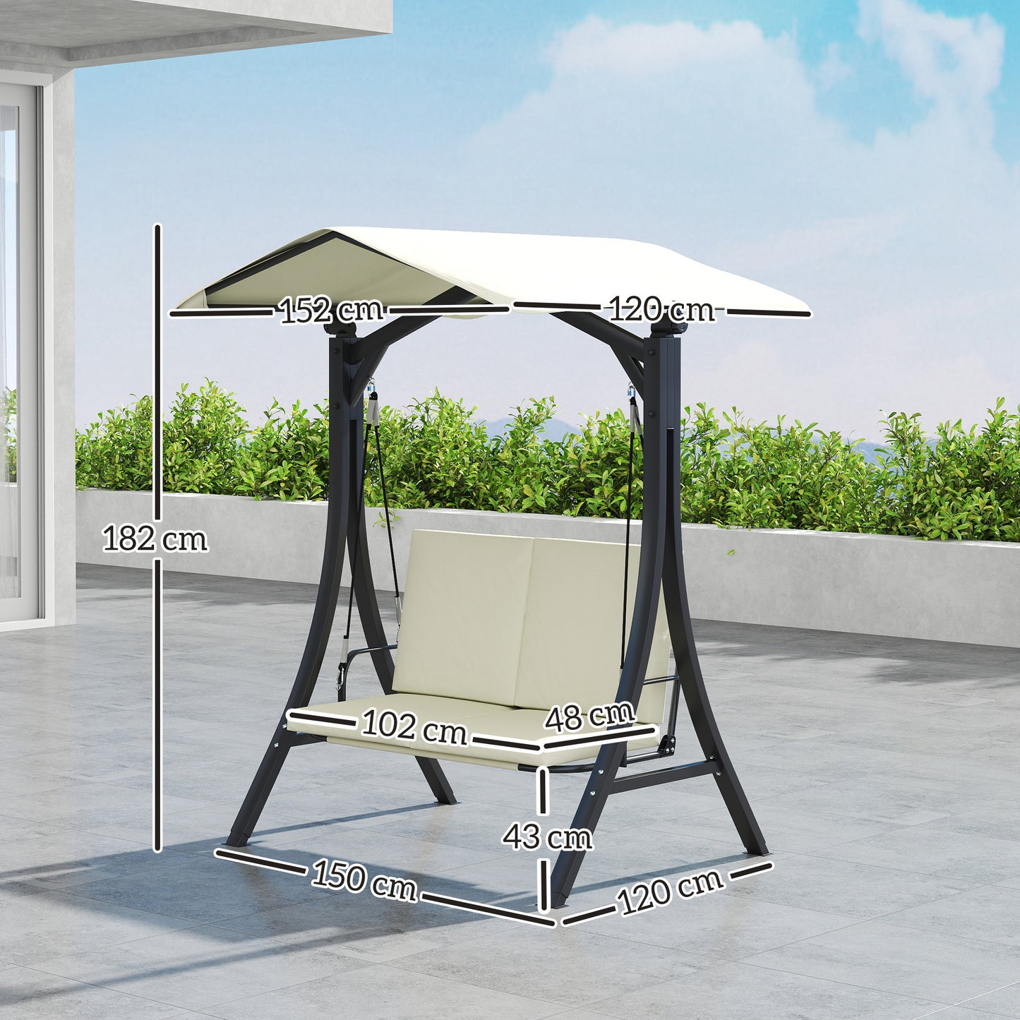Outsunny Hollywood schommel met verstelbare zonnekap en zitkussen, 2-zits tot 220 kg, 150x120x182cm, crèmewit