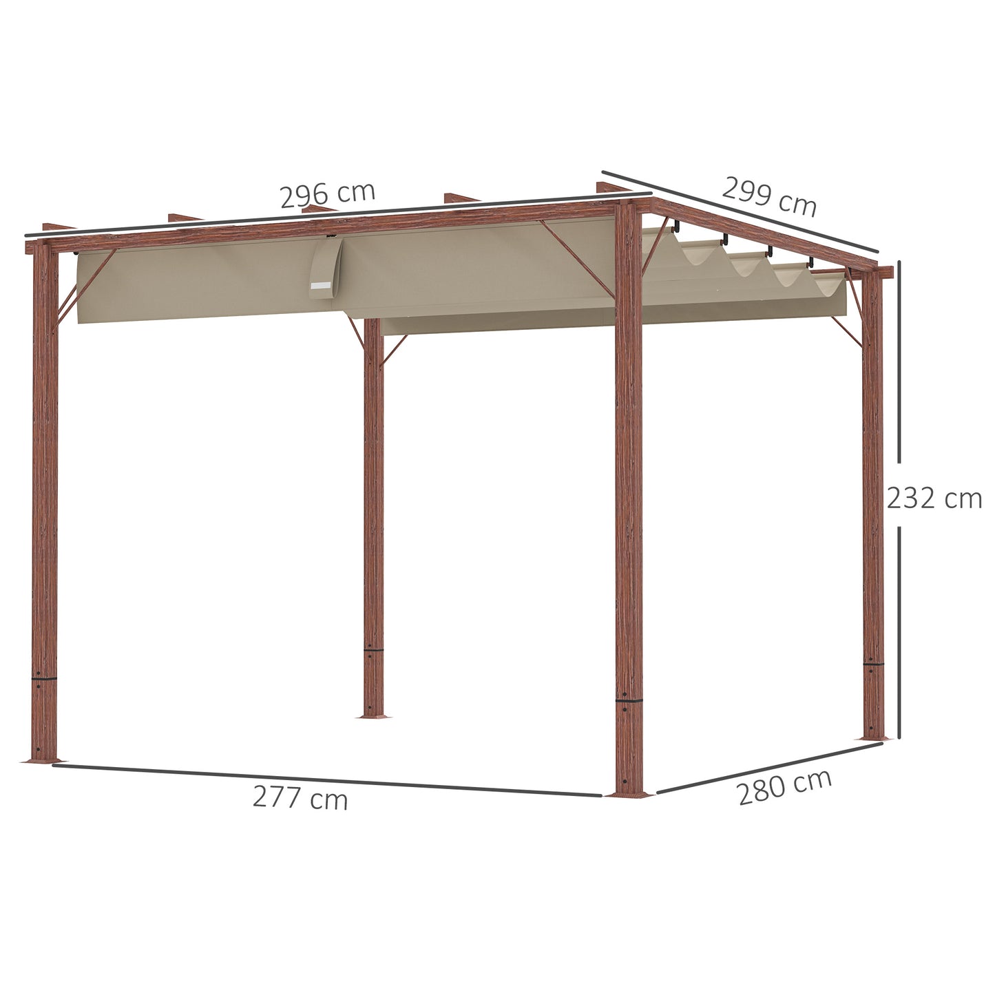Outsunny 3 x 3 m tuinpergola, verstelbaar terrasoverkapping, aluminium frame, UPF30+ zonwering, natuurlijk hout