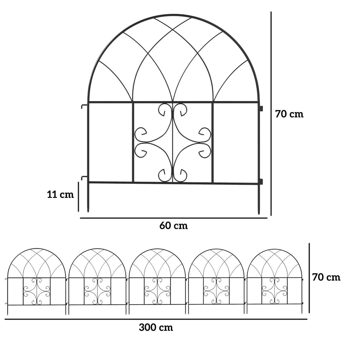 Outsunny Tuinhek, Staal, 300 cm x 70 cm Hoog, Decoratieve Gaas Hekset, Hekelementen, Zwart