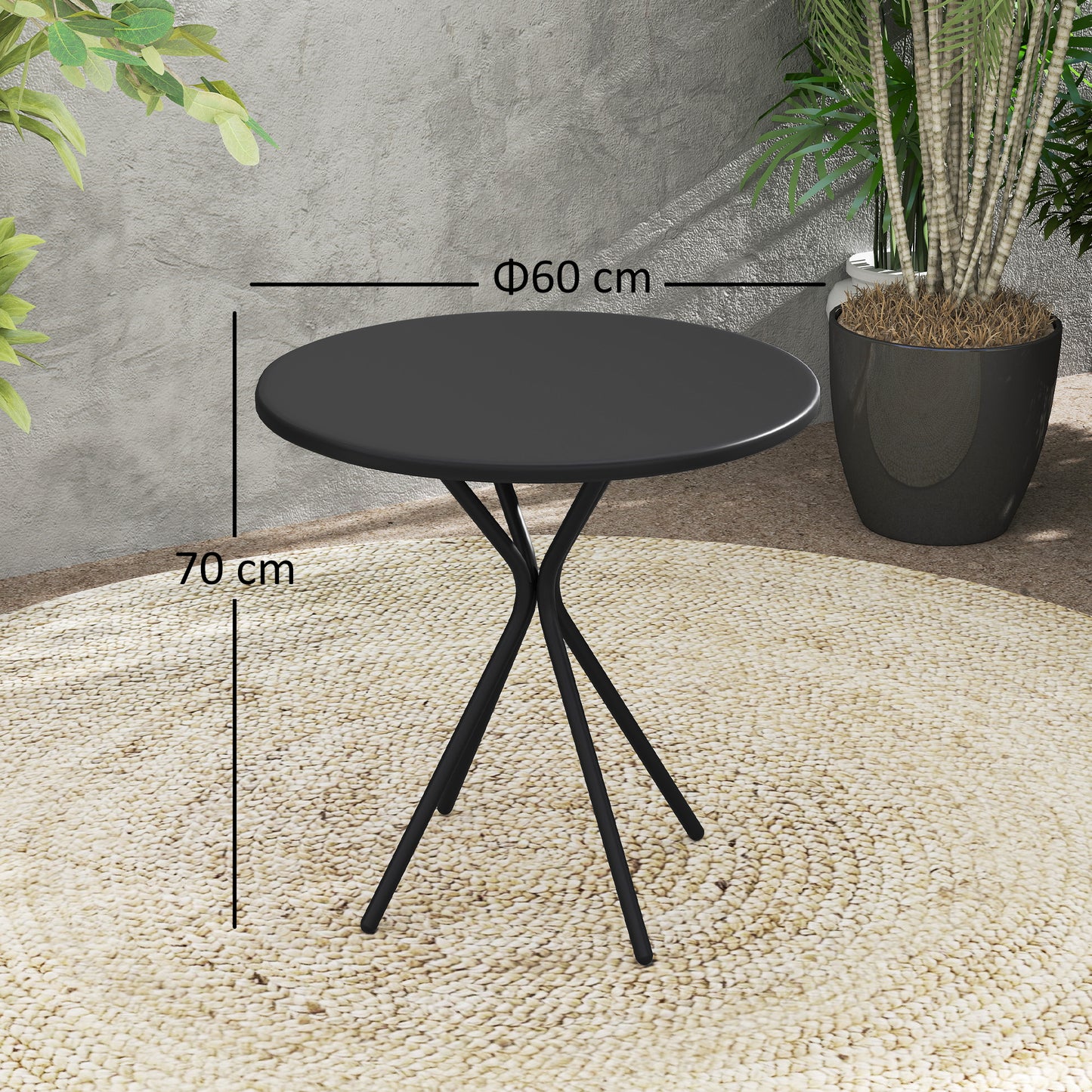 Outsunny Tuintafel Ø60 x 70 cm, Weerbestendige Balkontafel van Staal, Ronde Eettafel met Voetkussens, Zwart