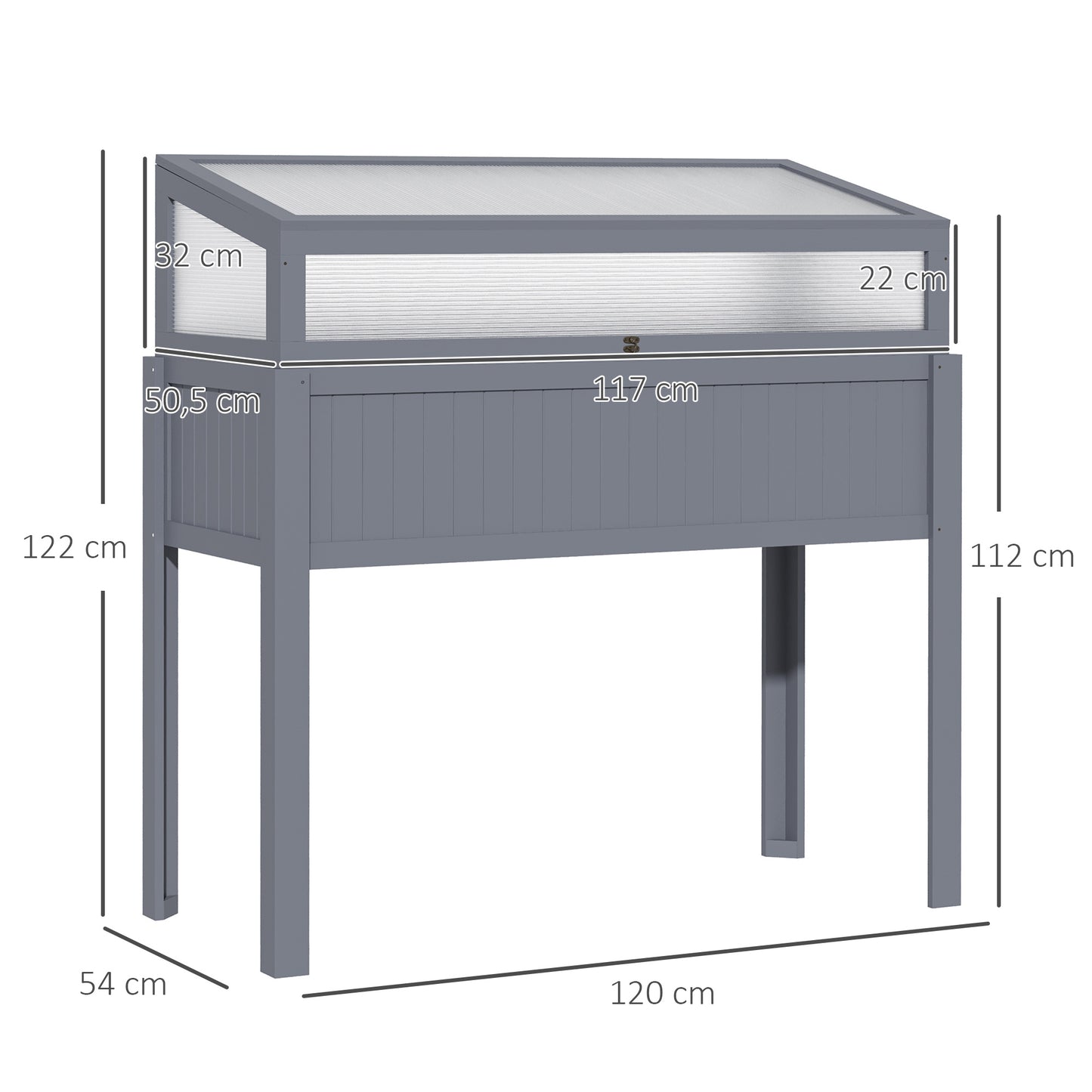 Outsunny Verhoogd Tuinbed, Houten met Kweekbak, 2-in-1 Kas, Tomatenkas, Moestuin, Kruidentuin, Plantenbak voor Tuin, Balkon en Terras, Polycarbonaat Grijs, 120 x 54 x 112/122 cm