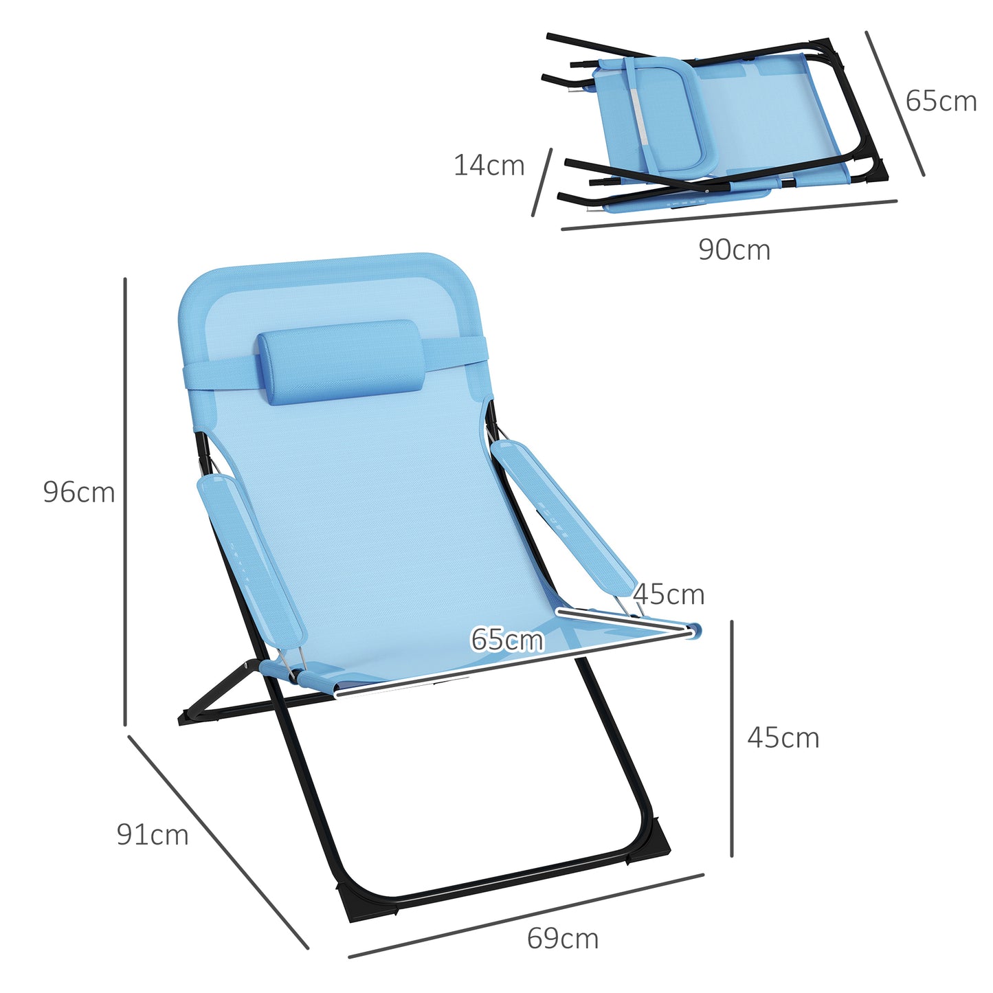 Outsunny klapstoel, 4-standen verstelbaar, ademend, metalen frame, 69 x 91 x 96 cm, zwart/blauw