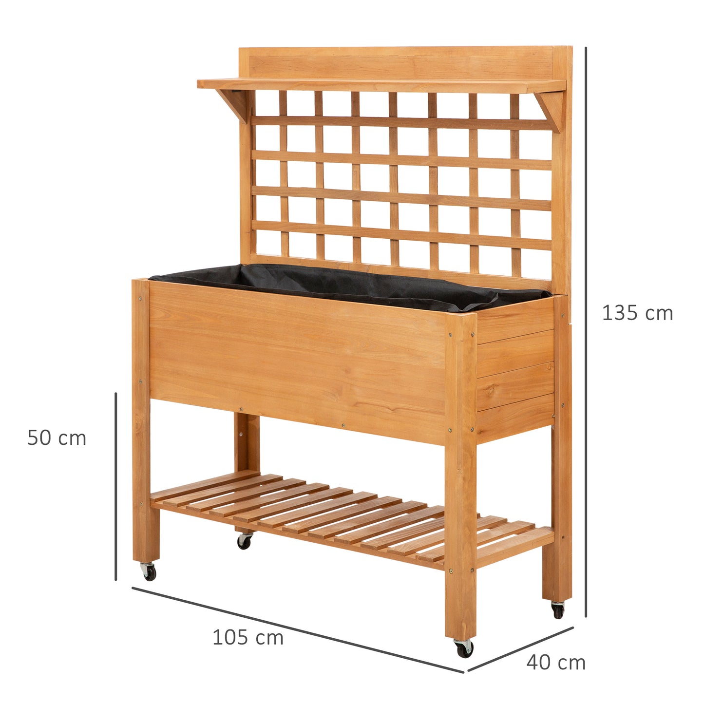 Outsunny verhoogde plantentafel voor in de tuin, bloementafel, werktafel, tuintafel, kas, houten plantentafel voor tuin en balkon, 105 x 40 x 135 cm, spar, vliesstof, bruin