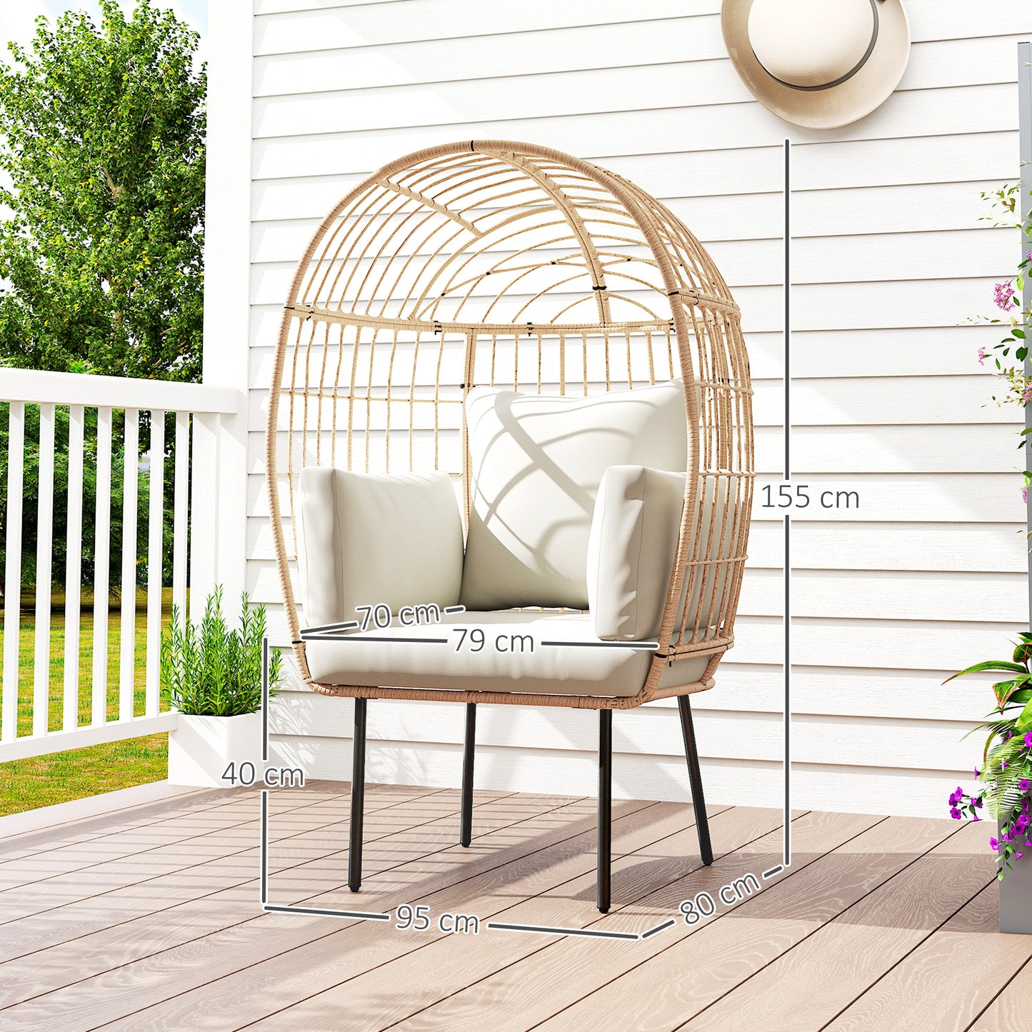 Outsunny Ei-vormige rotan fauteuil met afneembaar kussen, rotan stoel voor buiten 95 x 80 x 155 cm Beige