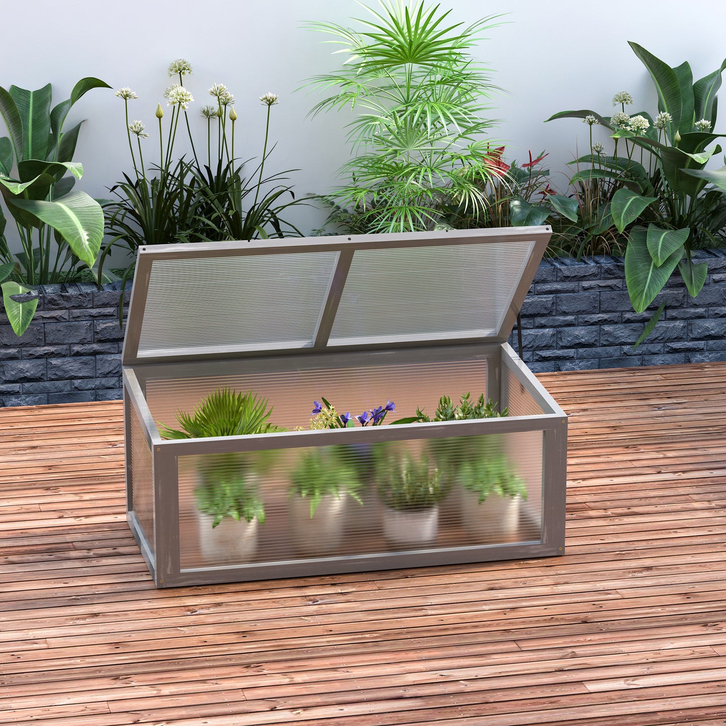 Outsunny Cold Frame, kas van hout en polycarbonaat, 90 x 46 x 40 cm, weerbestendige kas met deksel, koude bak voor tuinplanten, grijs