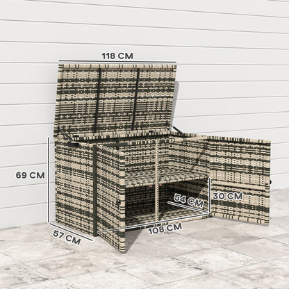 Outsunny Rattan Opbergbox 350L 2-laags Kussenbox met Deksel, Hefstangen, Handgrepen, 118 x 57 x 69 cm, Gemengd Grijs