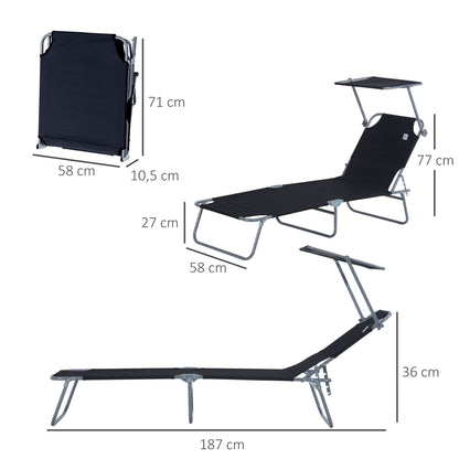 Outsunny Opvouwbare ligstoel, tuinligstoel met zonnescherm, ligstoel met in 4 standen verstelbare rugleuning, kampeerligstoel, belastbaar tot 120 kg, geschikt voor tuin, balkon en zwembad, 6 kleuren (zwart)