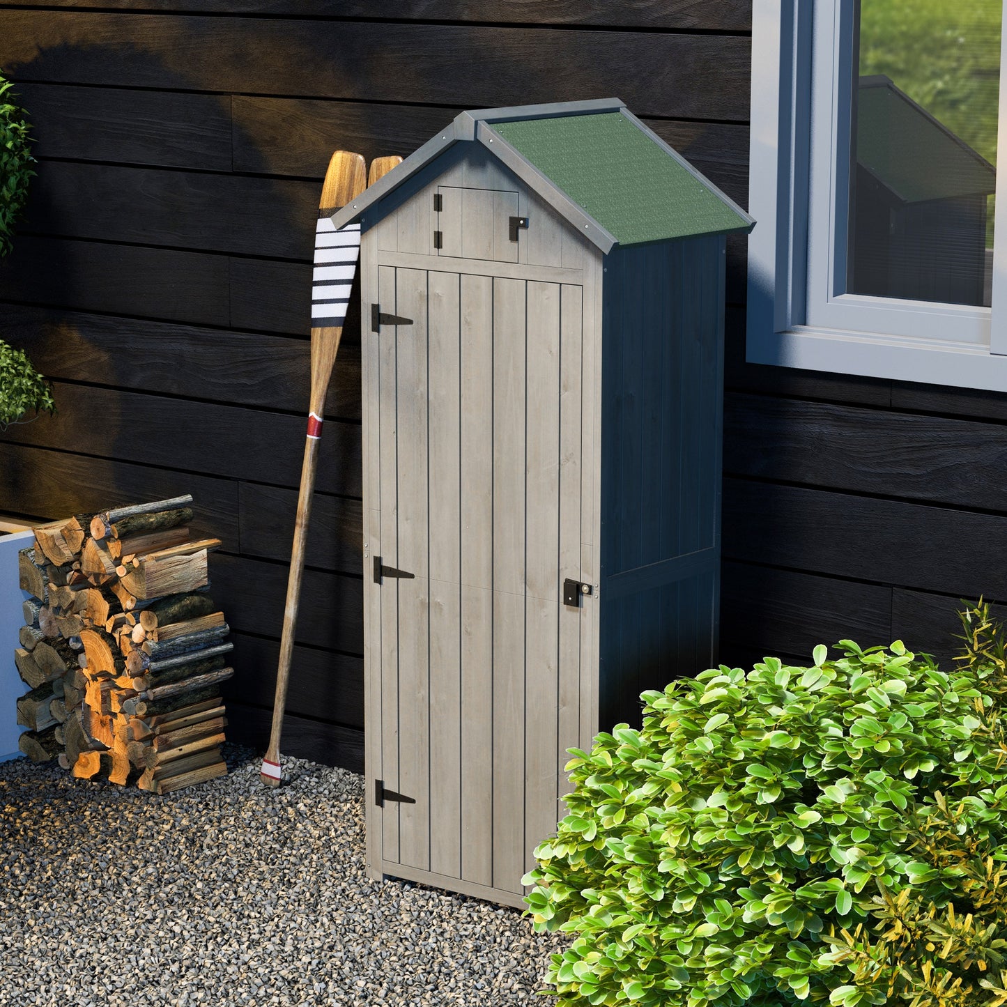 Outsunny houten tuinhuis, weerbestendige gereedschapsschuur 77x54,2x179cm, tuinhuis met deur, zadeldak, gereedschapskast met planken, tuinschuur voor tuin, terras, grijs + groen