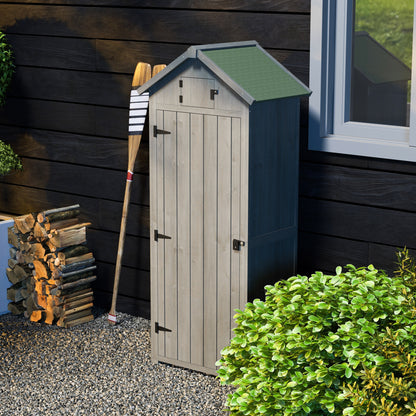 Outsunny houten tuinhuis, weerbestendige gereedschapsschuur 77x54,2x179cm, tuinhuis met deur, zadeldak, gereedschapskast met planken, tuinschuur voor tuin, terras, grijs + groen