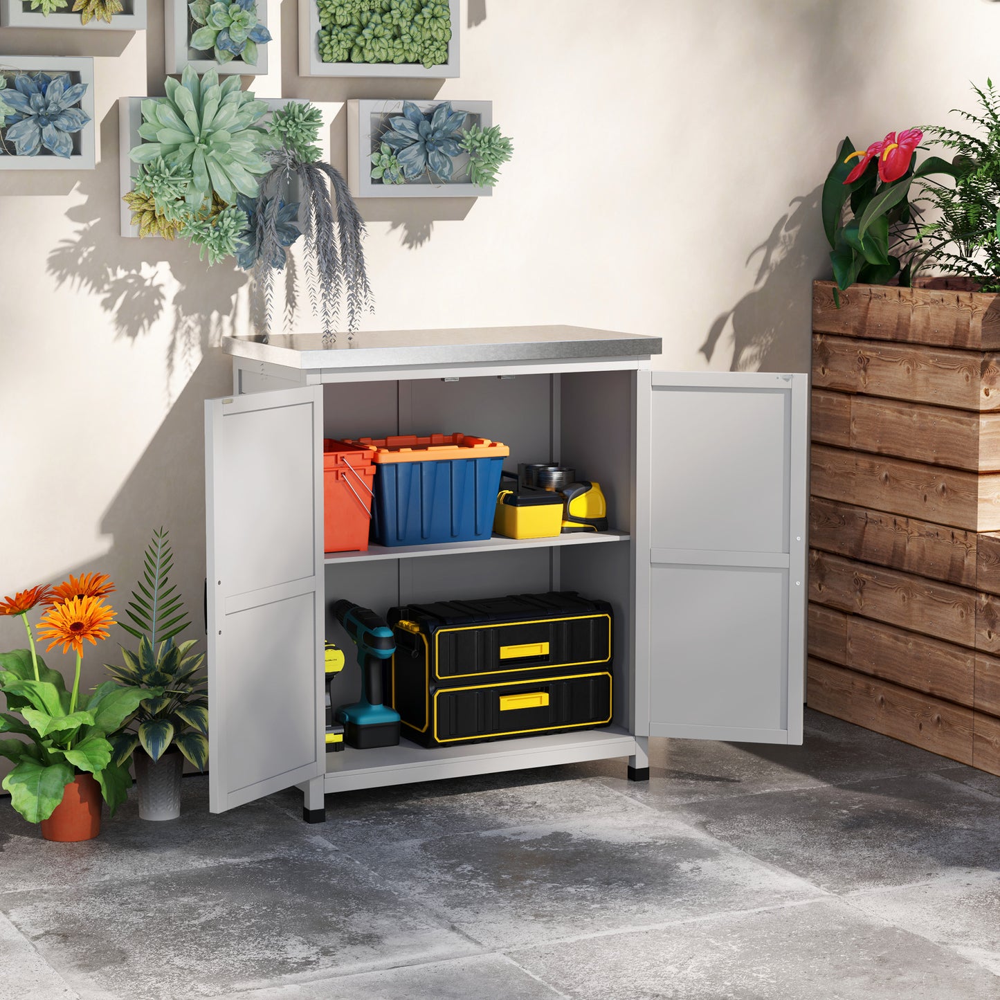 Outsunny tuinkast, buitenkast met werkblad, gereedschapskast, massief hout, staal, 79B x 43D x 92H cm, grijs