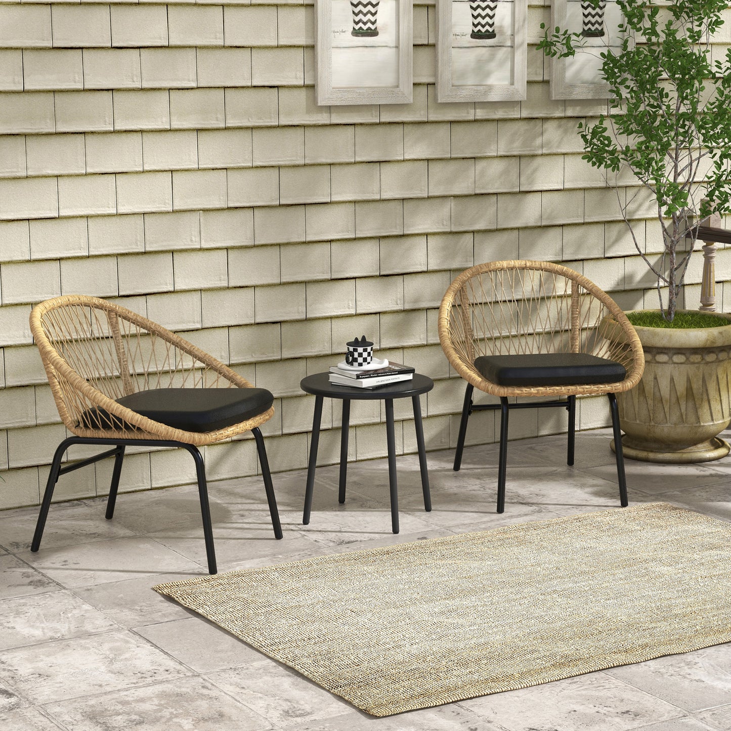 Outsunny rotan tuinmeubelset, 2 fauteuils en tafel, geel
