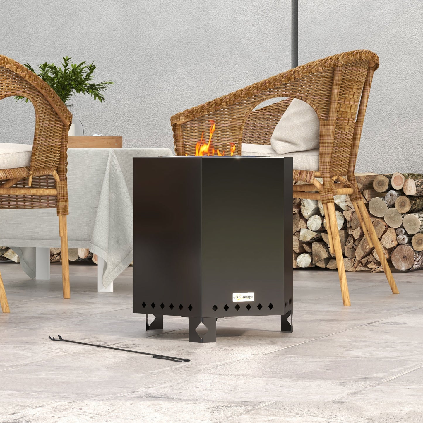 Outsunny Vuurschaal Vuurkorf Vuurton, incl. pook, 45 x 38,8 x 46,5 cm, Zilver + Zwart