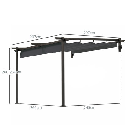 Outsunny Paviljoen, 3 x 3 m Pergola, Winddicht Terrasoverkapping, Wandmontage, Verstelbaar Dak, voor Tuin, Terras, Donkergrijs