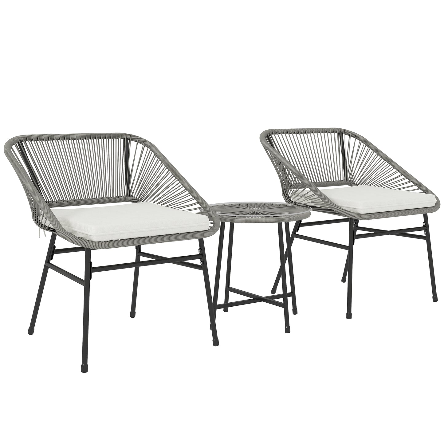 Outsunny 3-delige tuinmeubelset, 1 tafel, 2 stoelen, rotan vlechtwerk, stalen frame, salontafel met glazen blad, donkergrijs