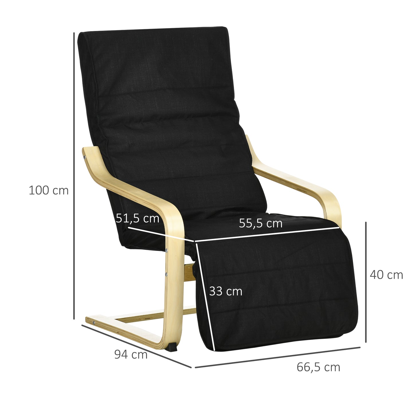 HOMCOM Relaxfauteuil, ligstoel, verstelbare voetensteun, kussen, hout+zwart, 66,5 x 94 x 100 cm
