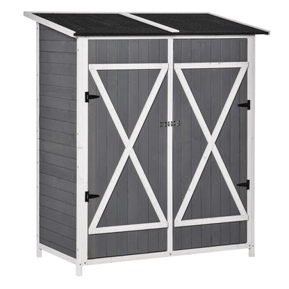 Outsunny Tuinhuis/Gereedschapsschuur met 2 deuren, Gereedschapskast met asfalt dak, Anti-dump ontwerp met grondpennen, Dennenhout, Grijs+Wit, 139 x 75 x 160 cm