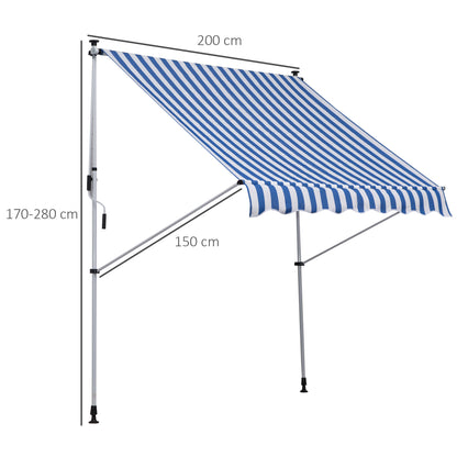 Outsunny klemzonnescherm met handslinger, in hoogte verstelbaar, knikarmzonnescherm, vuilafstotend, weerbestendig, balkonzonnescherm, 150 cm breed, terraszonnescherm voor terras, balkon, veranda, blauw+wit
