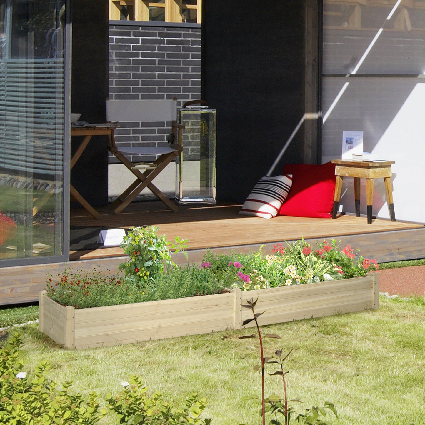 Verhoogd tuinbed Outsunny, 2 plantvakken, fleecevoering, weerbestendig, massief hout, 244 cm x 61,5 cm x 27 cm