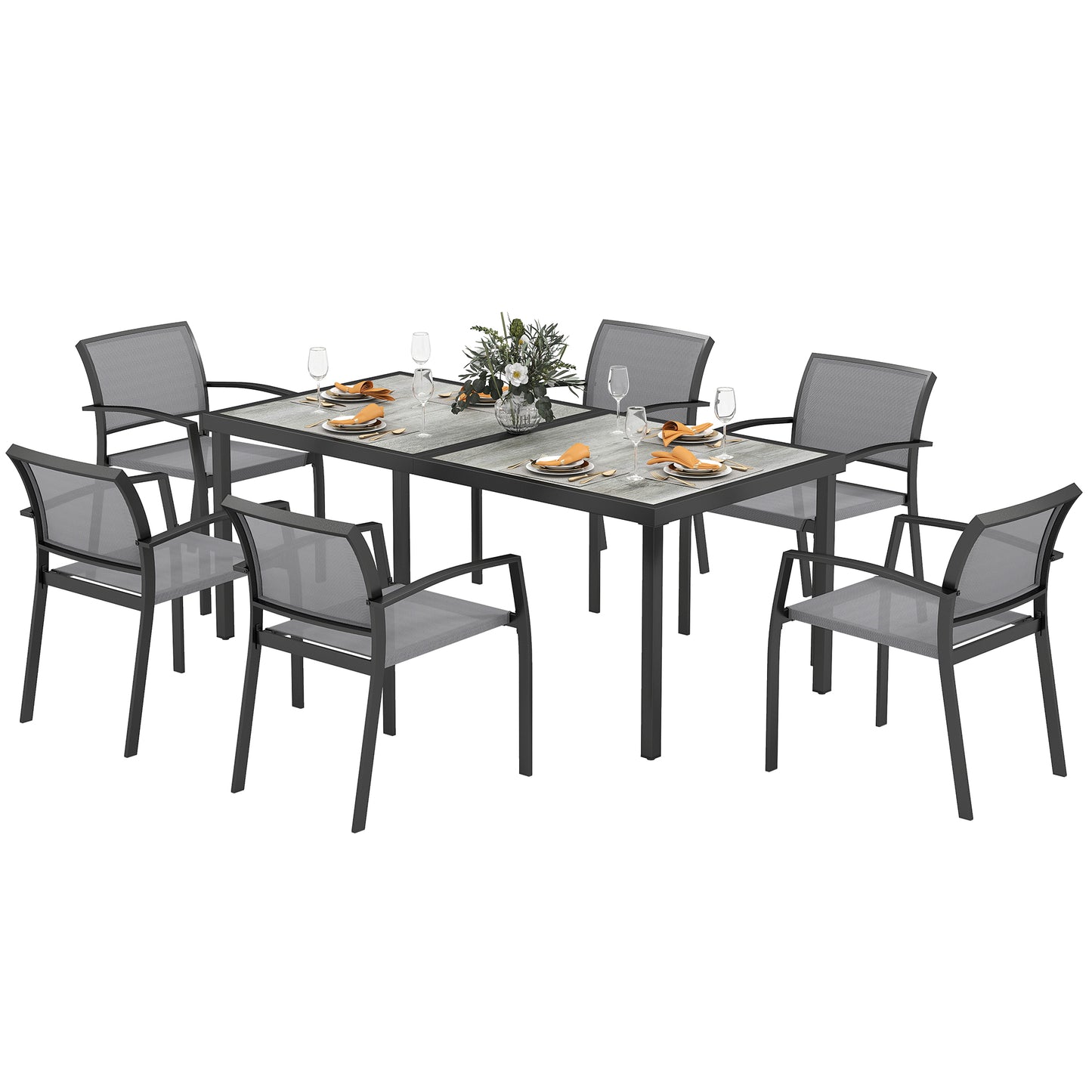Outsunny 7-delige eetkamerset, 6 stoelen, 1 tafel, stapelbaar, gemakkelijk schoon te maken, stalen frame, tuinmeubelset, grijs