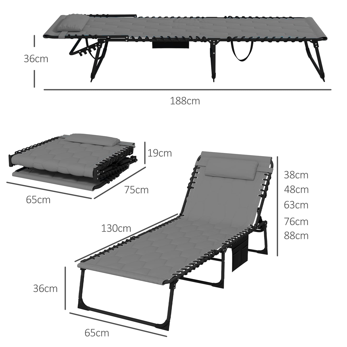 Outsunny ligstoel, tuinligstoel, opvouwbaar, incl. kussen, weerbestendig; 188 cm x 65 cm x 36 cm, grijs + zwart
