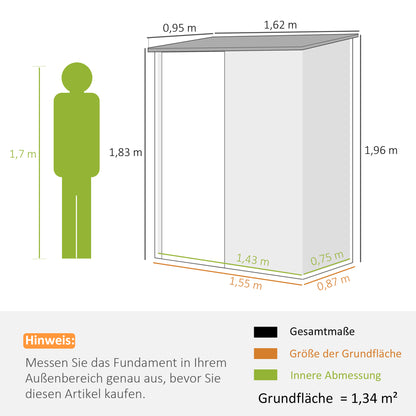 Outsunny 1,34 m² tuinhuis met lessenaarsdak, afsluitbaar, van gegalvaniseerd staal, 161,5 x 94,5 x 196 cm, bruin