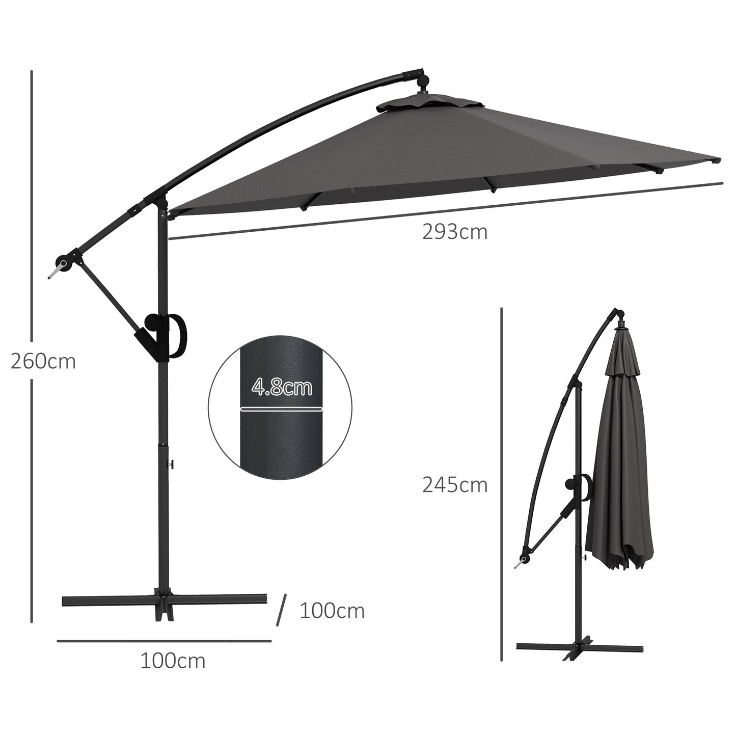 Outsunny zweefparasol, inclusief kruisvoet, 293 x 293 x 260 cm, grijs