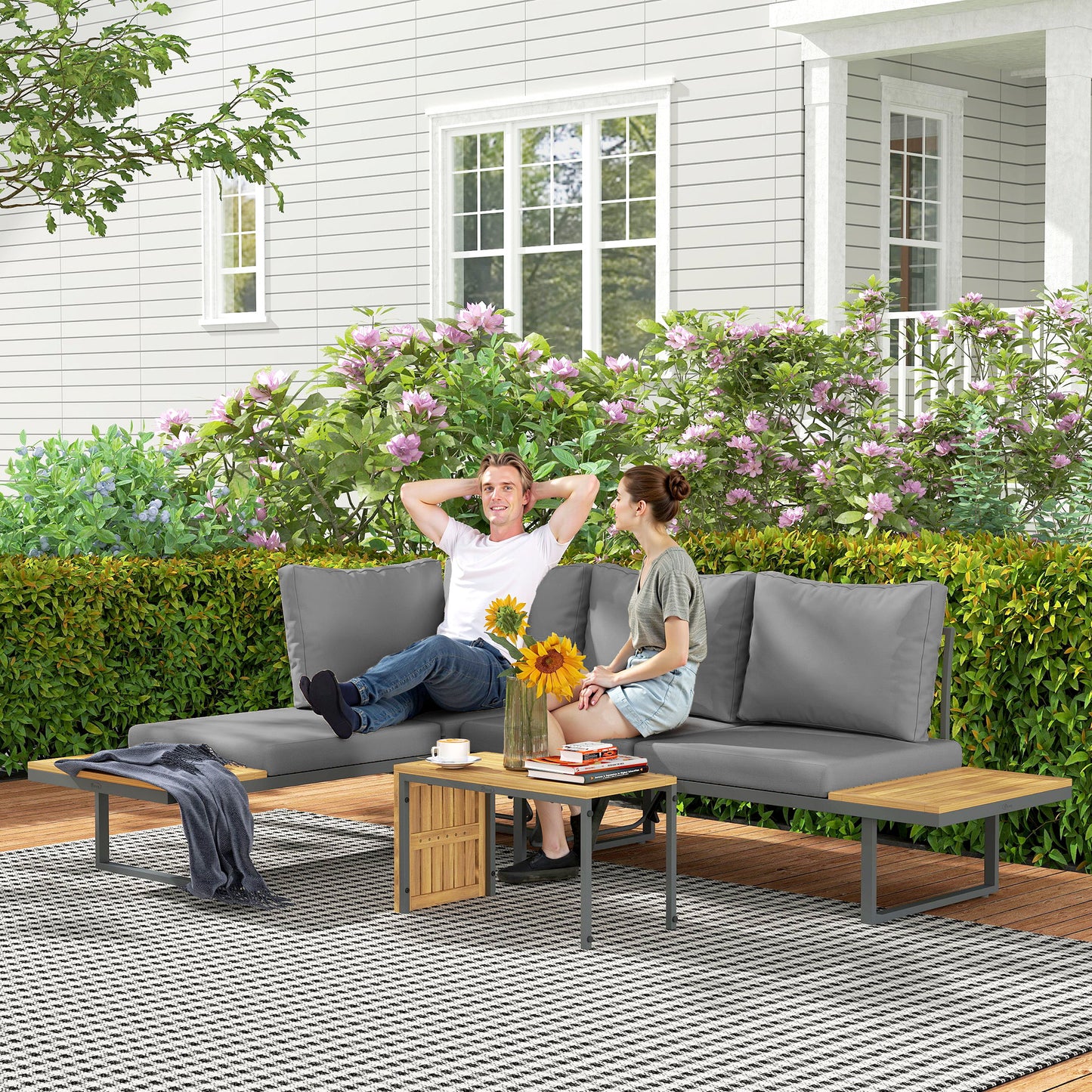 Outsunny tuinmeubelset, uitbreidbaar tot 6 zitplaatsen, L-vormige buitenzithoek met tafels, stalen frame, verstelbare rugleuningen, grijs