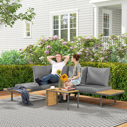 Outsunny tuinmeubelset, uitbreidbaar tot 6 zitplaatsen, L-vormige buitenzithoek met tafels, stalen frame, verstelbare rugleuningen, grijs